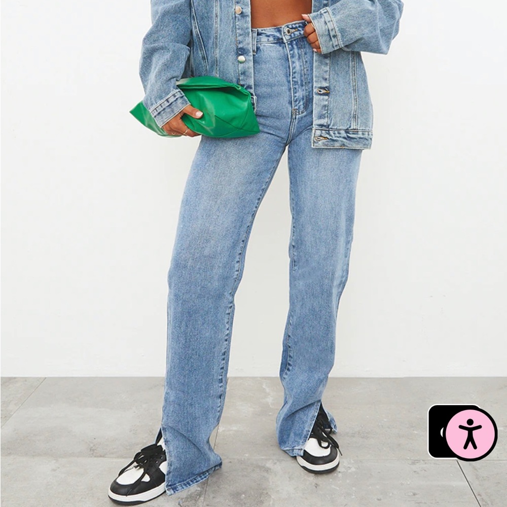 Pretty Little Thing PLT Mid Blue Wash Split Hem Straight Leg Jeans